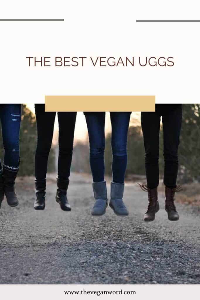 Pinterest image of Four people jumping off ground wearing ugg boots with text "the best vegan uggs"