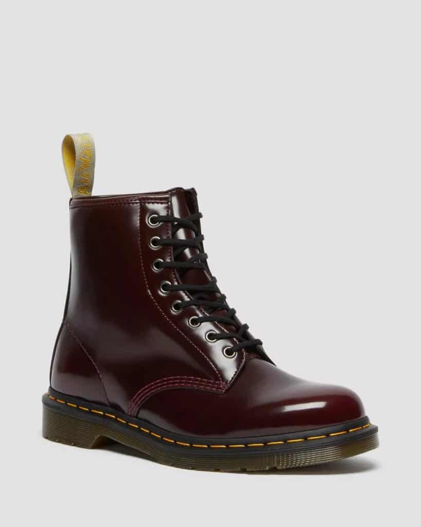 Cherry red vegan lace up leather ankle Dr Martens boots