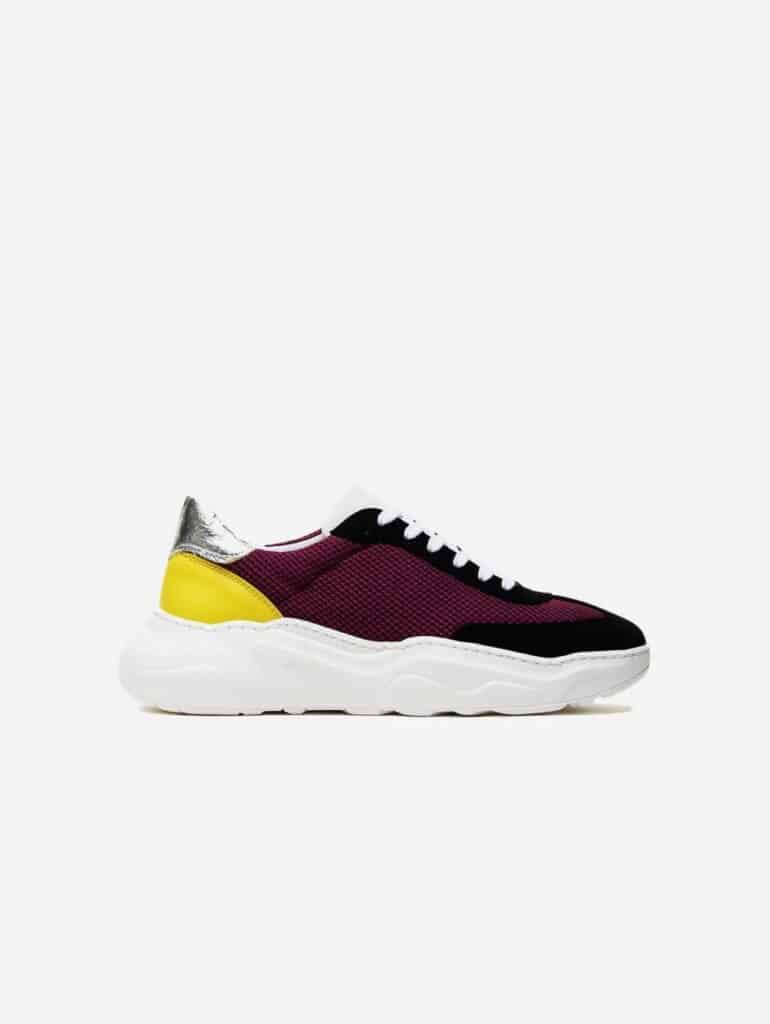 Humans are Vain Evolve burgundy, yellow and white trainers