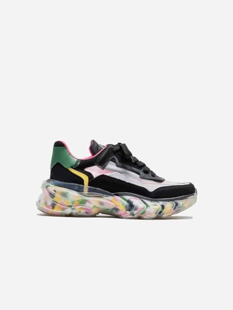 Multicolour vegan trainers with black and teal and pink upper and multicolour spotted soles from Prologue