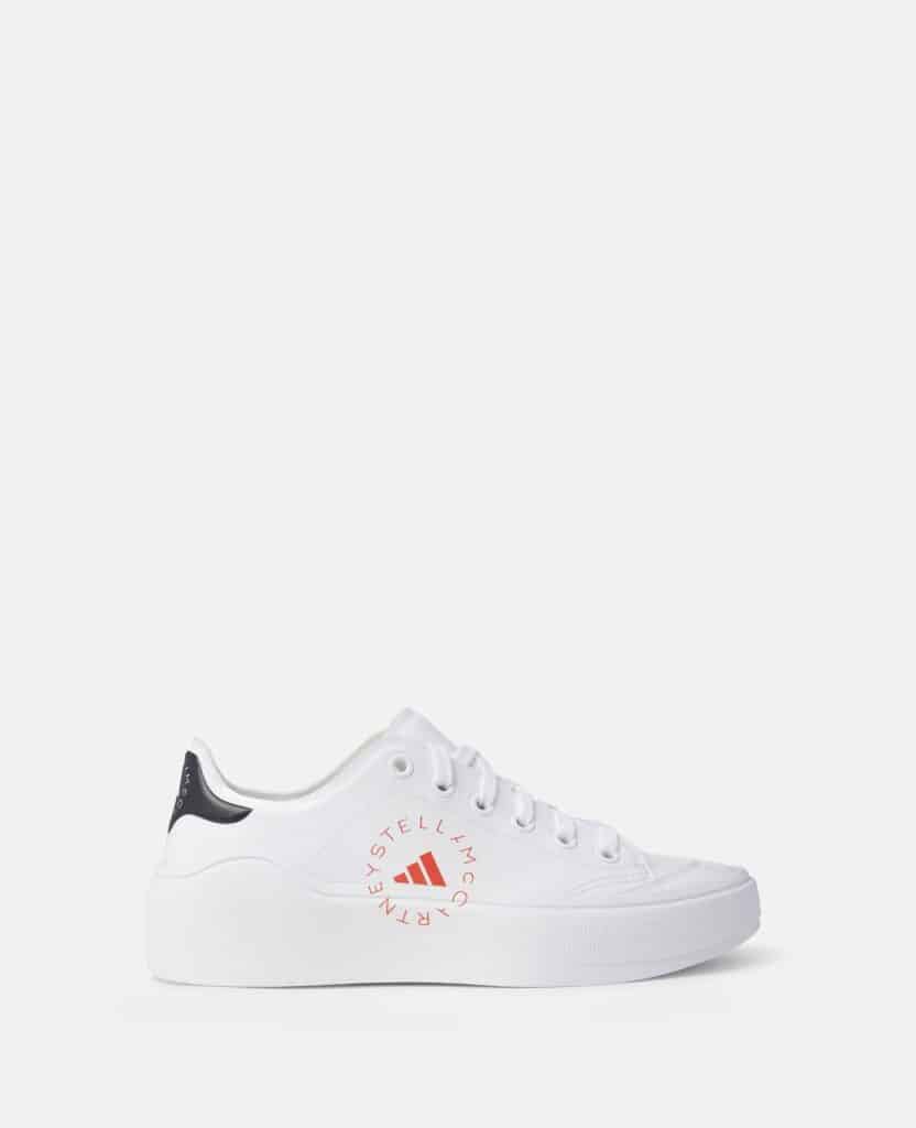 Stella McCartney adidas vegan white leather trainers with Stella McCartney logo on the side, white laces and white soles