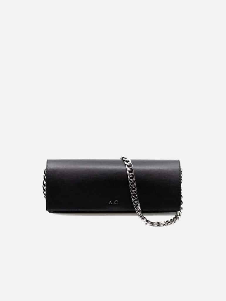 AC Official vegan black cactus leather clutch with chain link silver strap