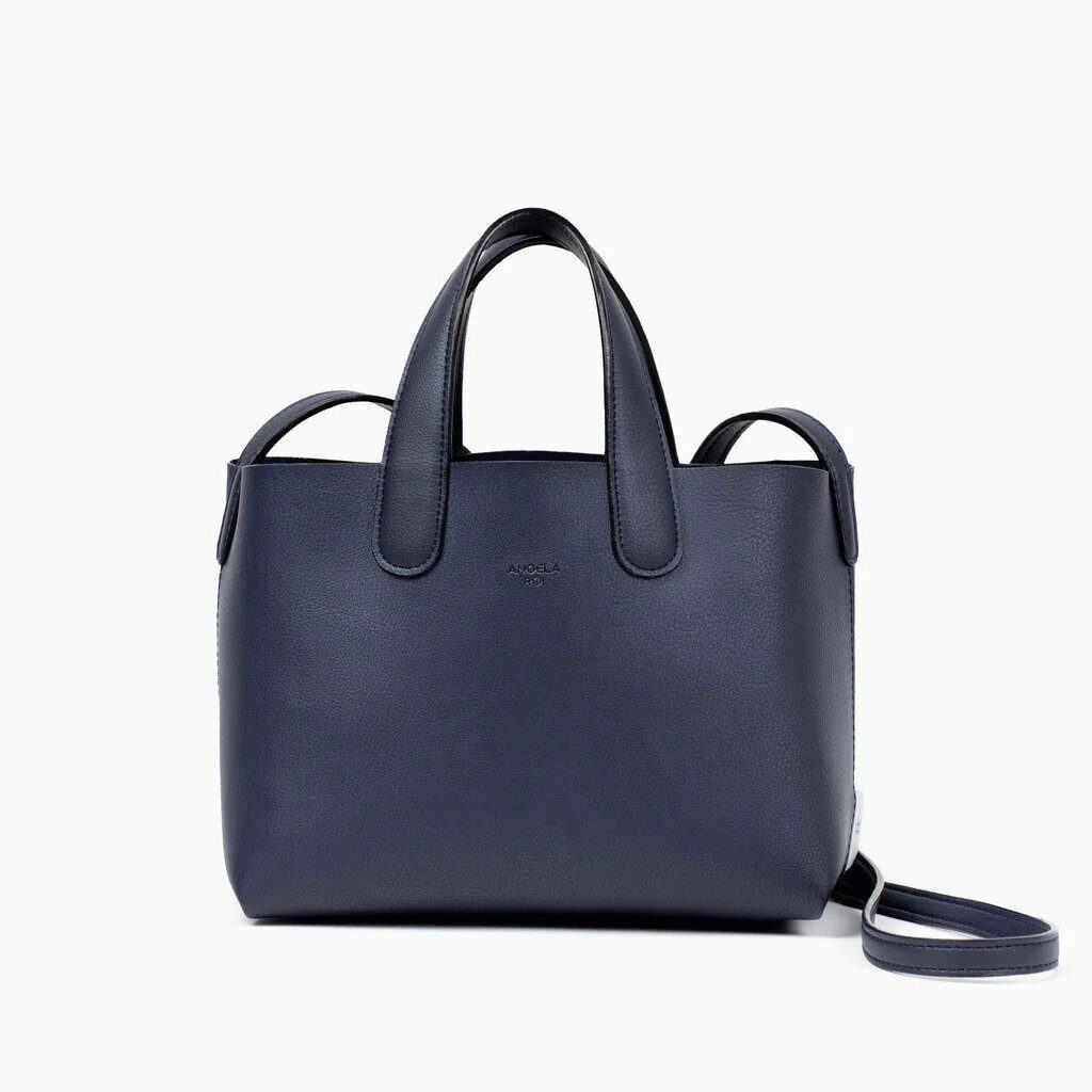 Navy blue cactus leather vegan tote bag from Agnela Roi with carry handles and longer strap