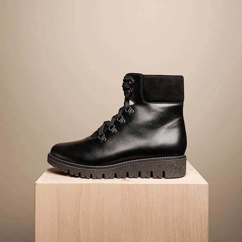 Black vegan leather lace up boots with black laces, sole and ankle cuff