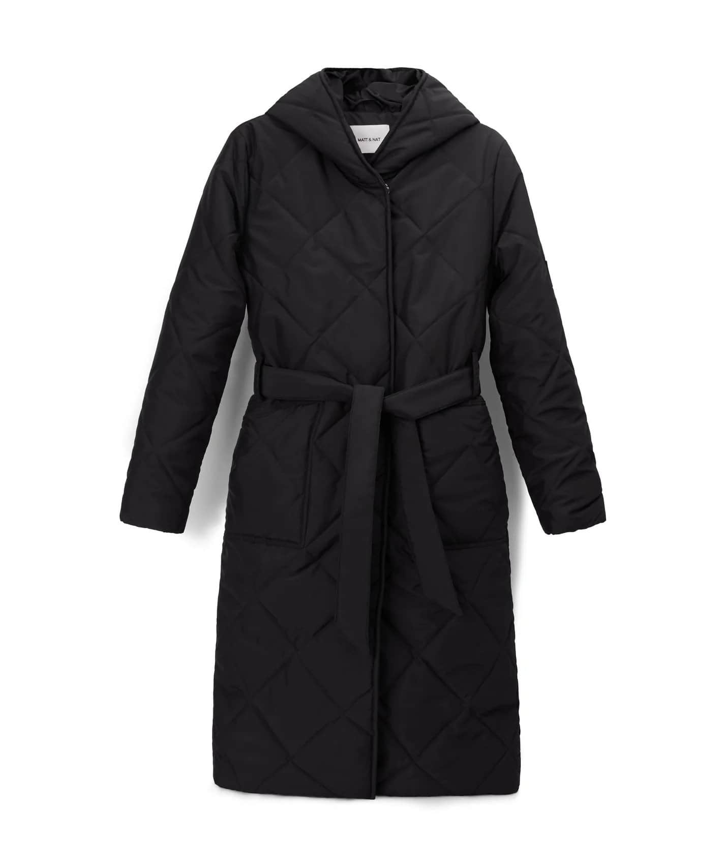 Black quilted puffer jacket with black belt from Matt and Nat