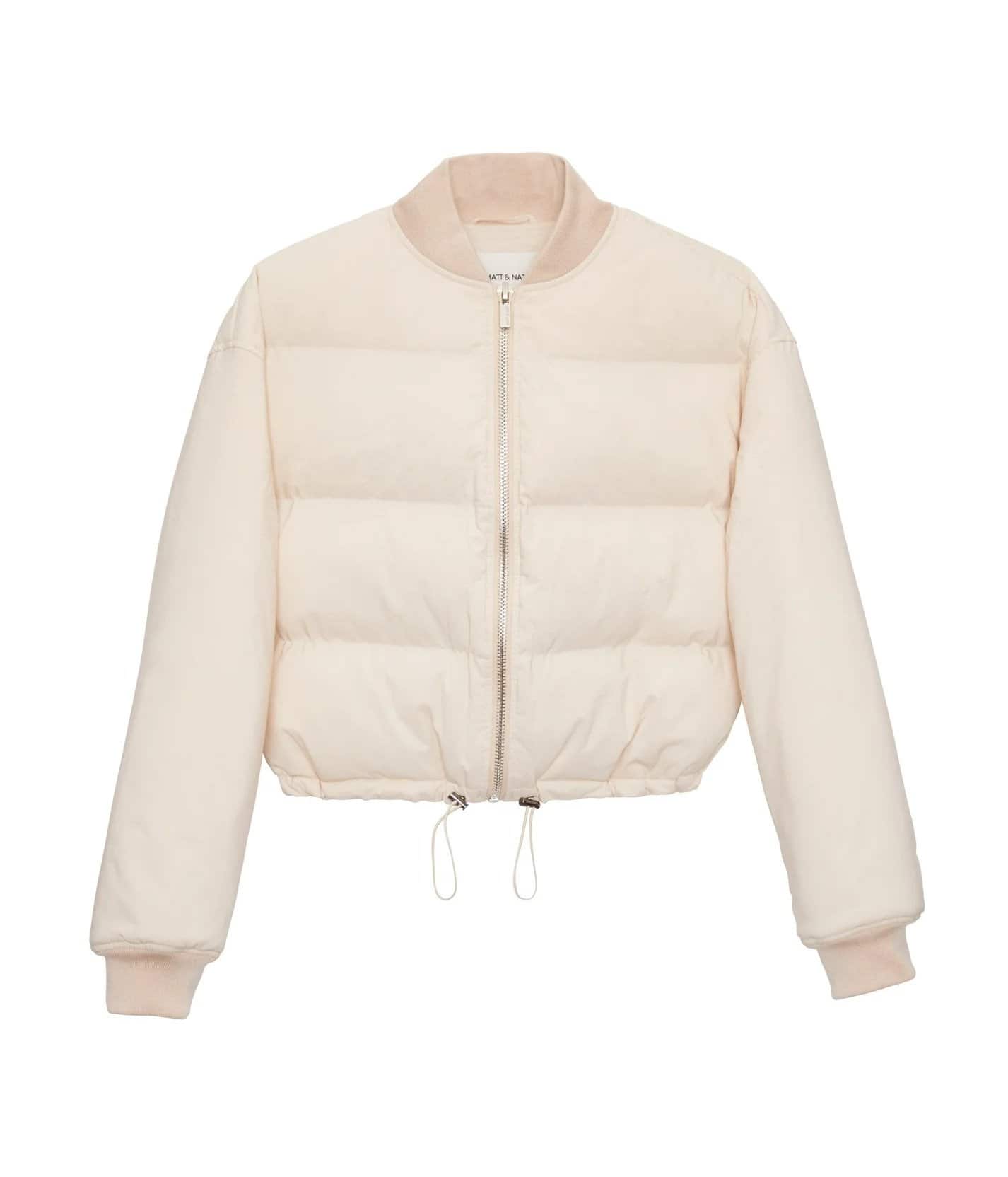 White puffer bomber jacket with zip up front from Matt and Nat