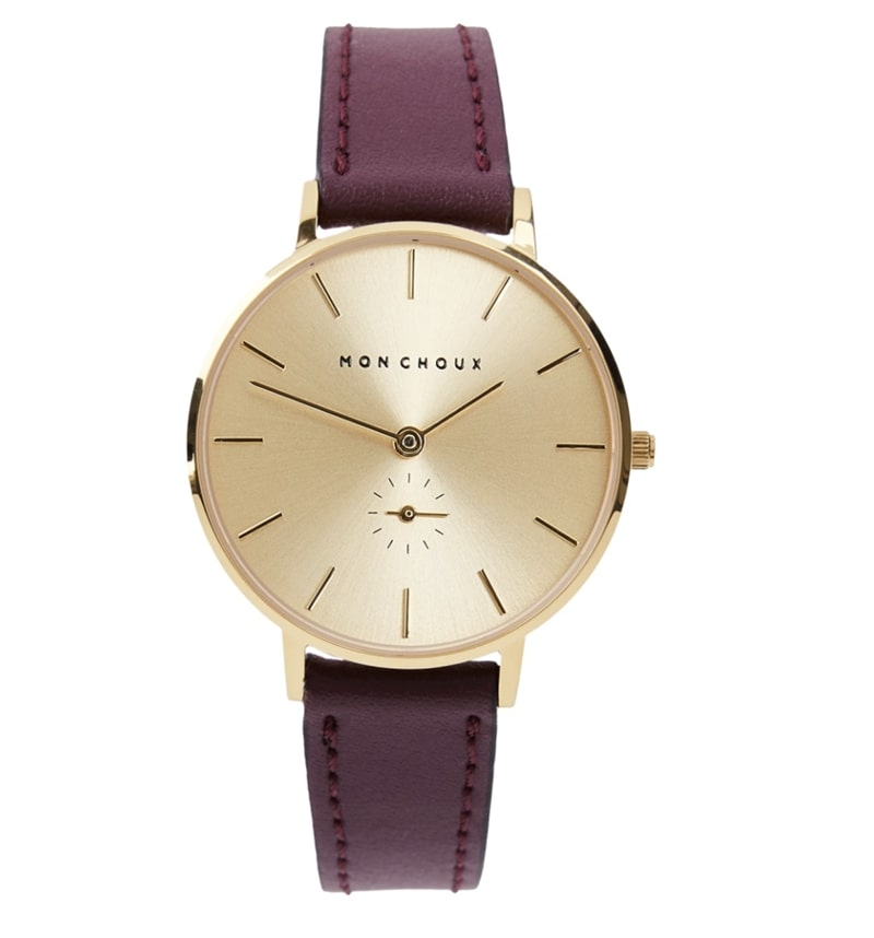 Watch with gold face and vegan grape leather wristband in a wine colour