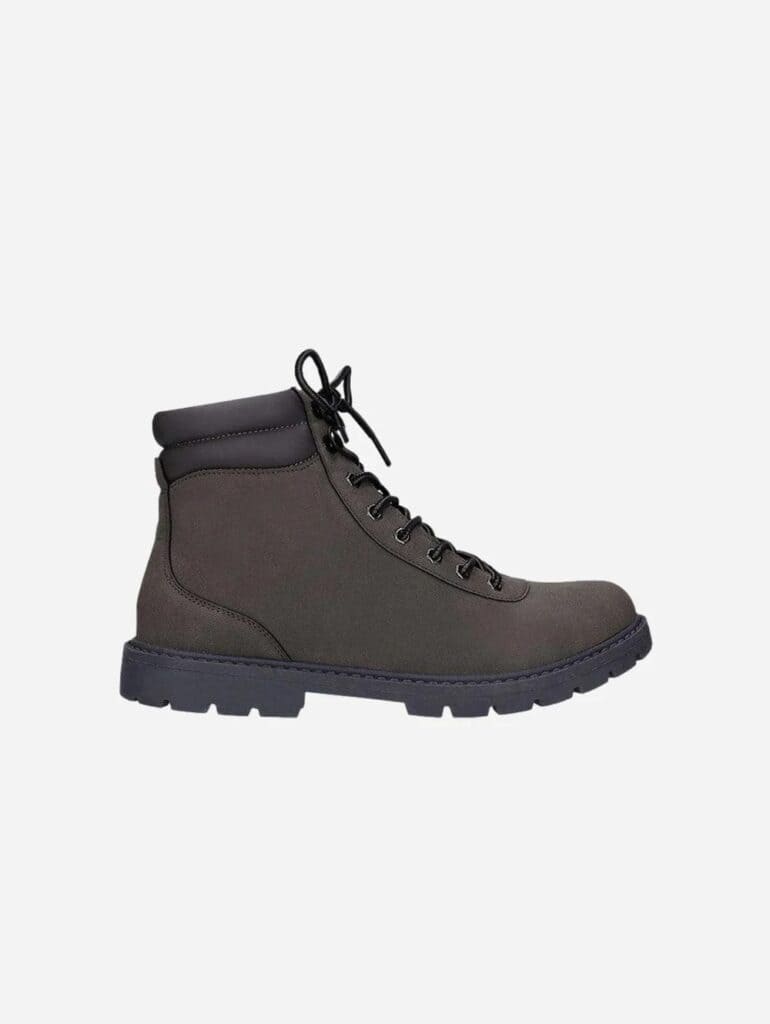 Grey vegan leather hiking boots with black laces