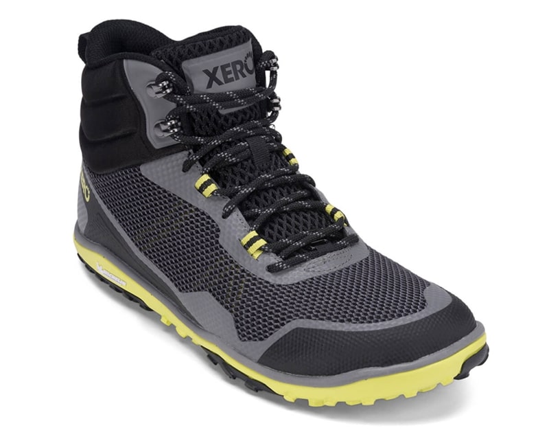 Vegan minimalist hiking boots with black, grey and yellow hiking boots