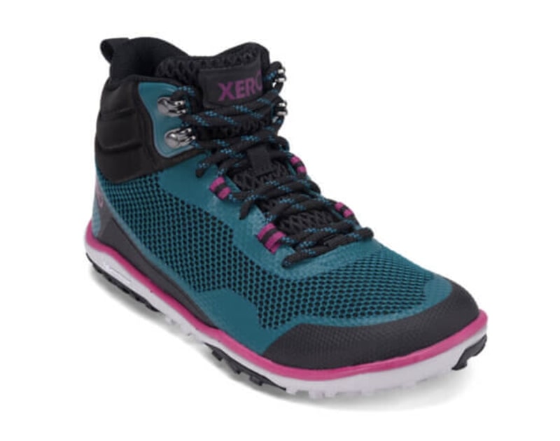 Vegan minimalist hiking boots with black, teal and hot pink detailing