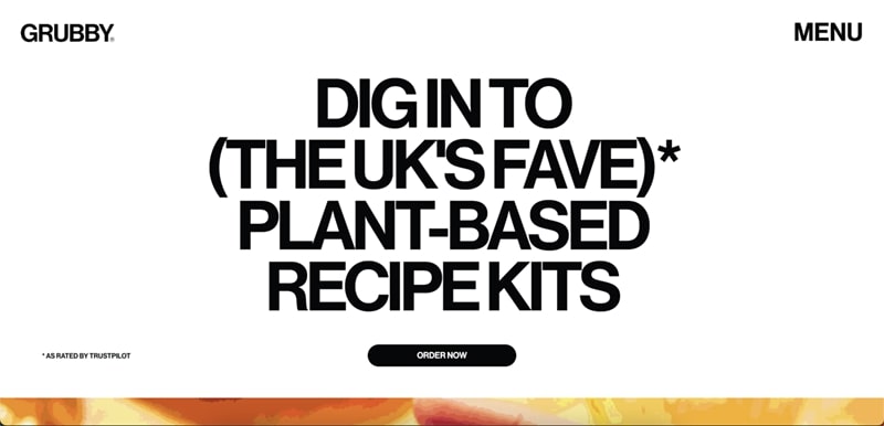 Screenshot of Grubby website which reads "dig into the uk's face plant-based recipe kits