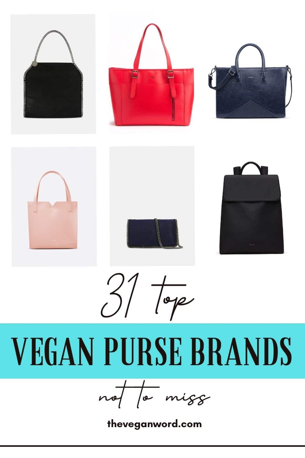 Pinterest image of different handbags with text that reads "31 top vegan purse brands not to miss"