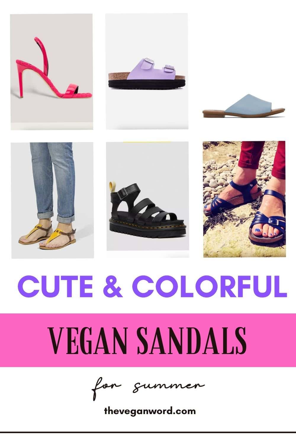 Pinterest image of different sandal styles with text that reads "cute & colourful vegan sandals for summer"