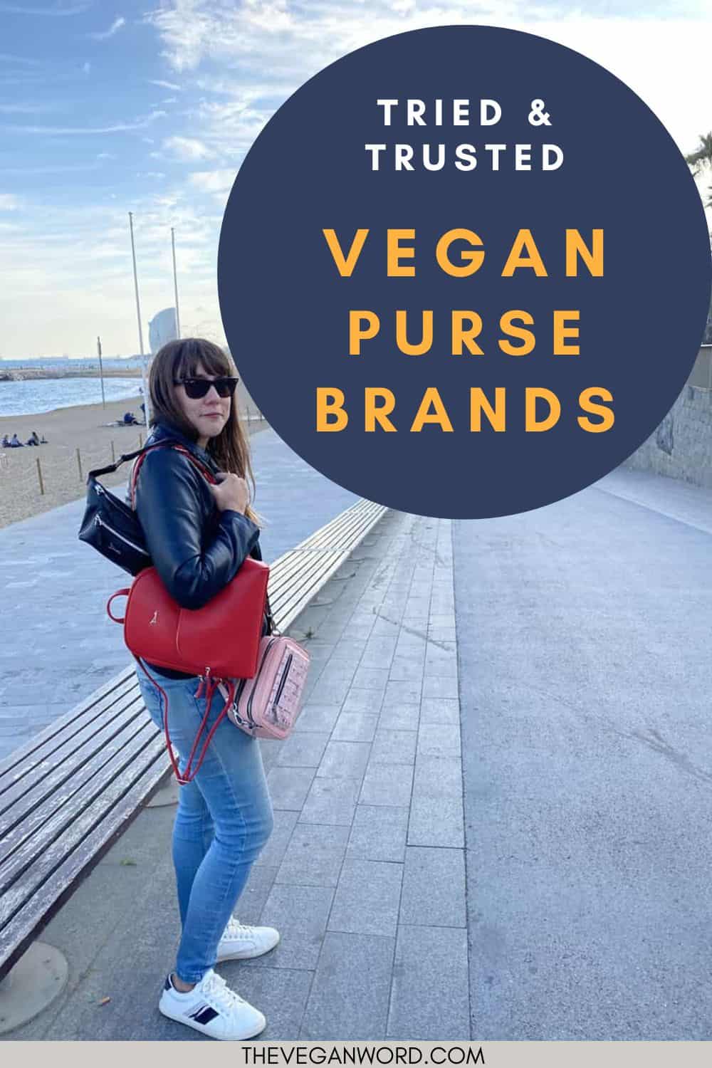 Pinterest image showing the author on the beach holding three handbags with text that reads "tried & trusted vegan purse brands"