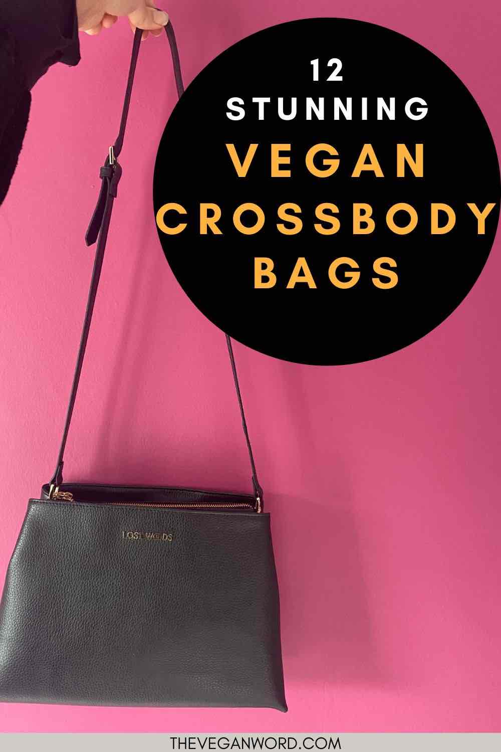 Pinterest image showing a black vegan crossbody bag against a pink background with text that reads "12 stunning vegan crossbody bags"