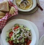 Spread of vegan Greek mezze in Santorini, Greece