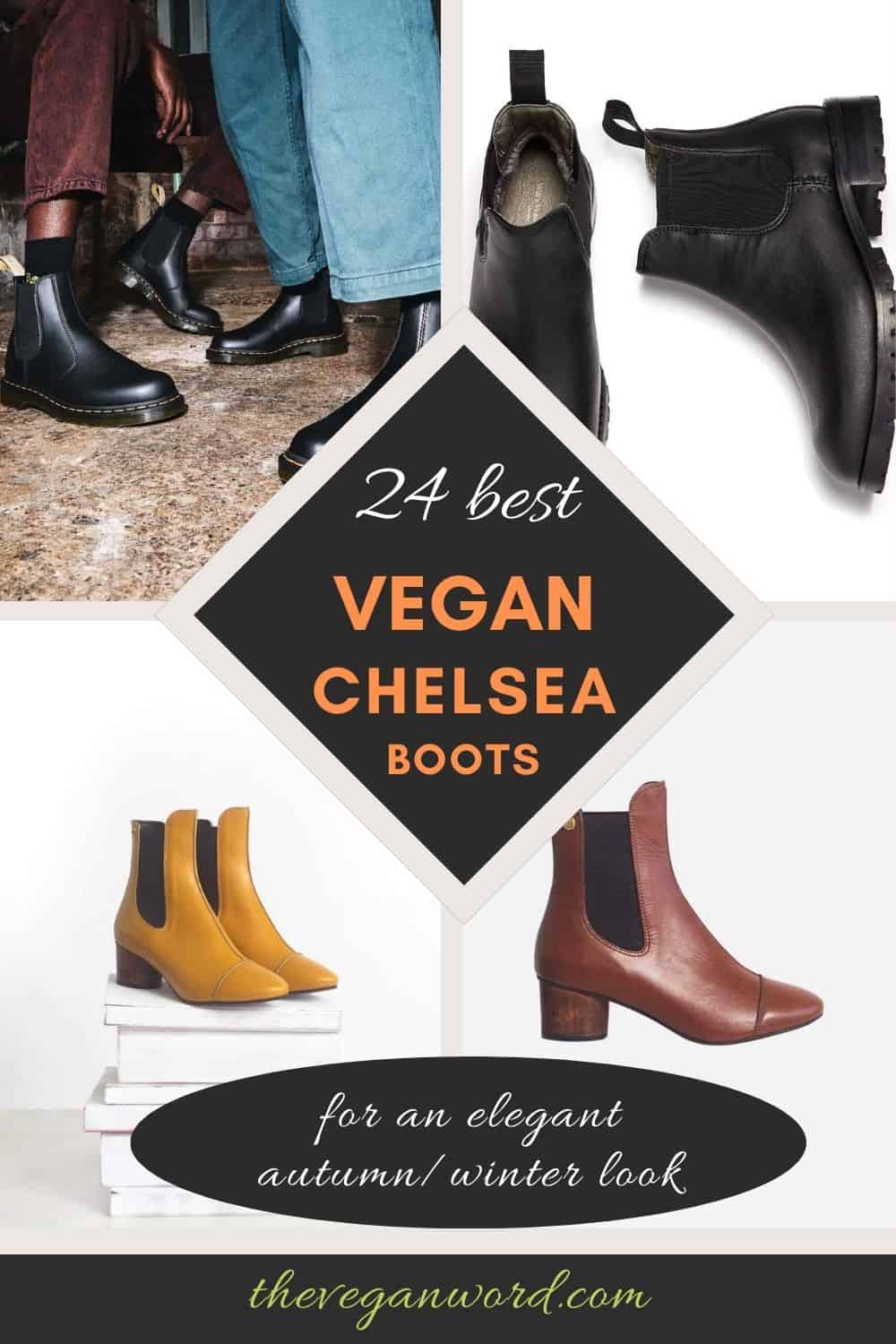 Pinterest image of different vegan Chelsea boot styles with text that reads "24 best vegan chelsea boots for an elegant autumn/winter look"