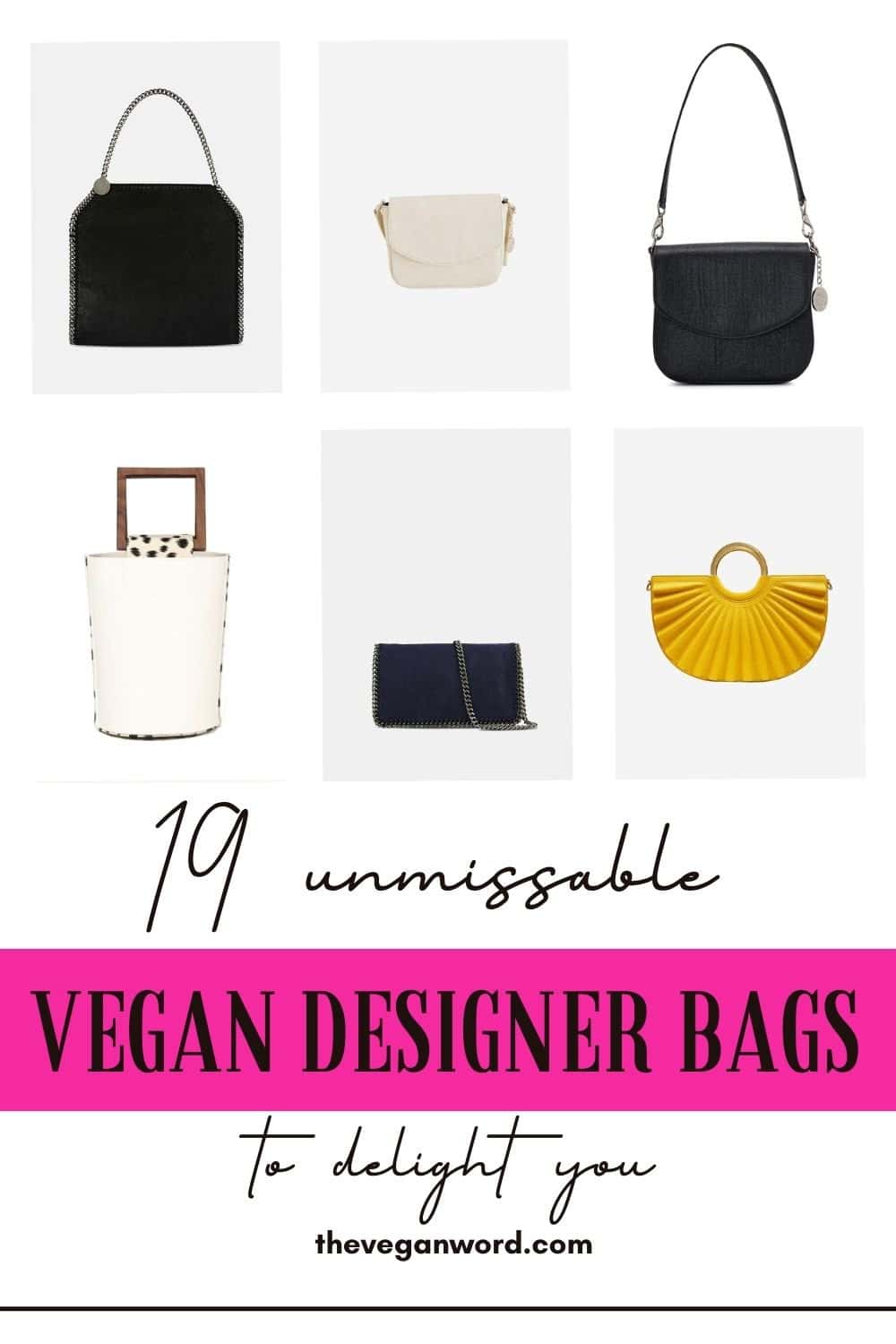 Pinterest image of different vegan designer bags with text that reads "19 unmissable vegan designer bags to delight you"