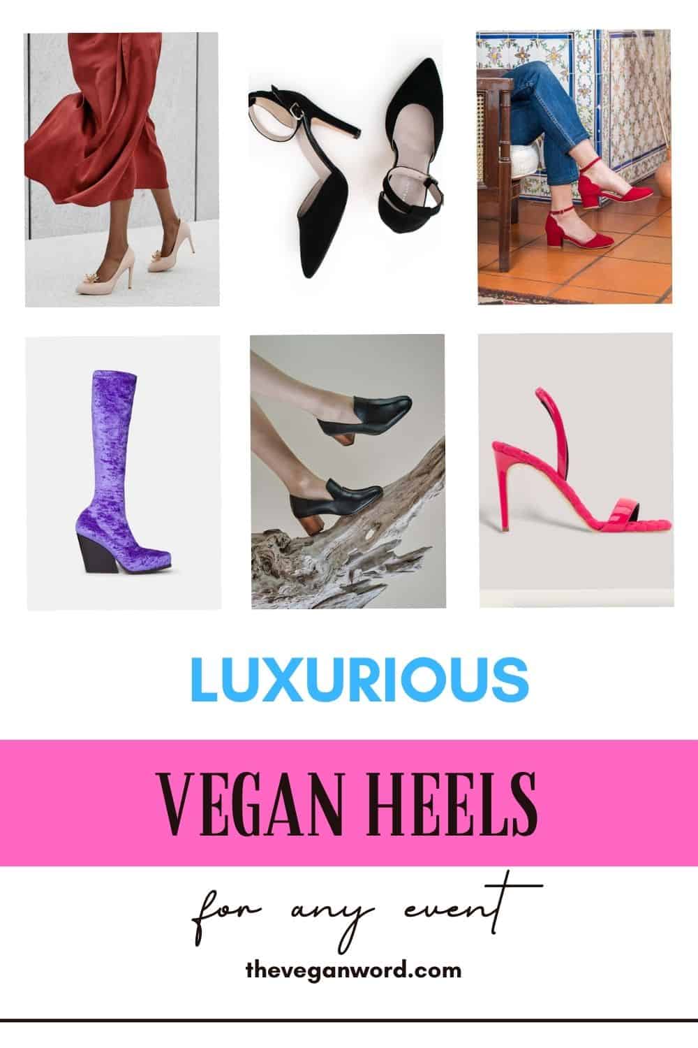 Pinterest image of different sandal styles with text that reads "luxurious vegan heels for any event"