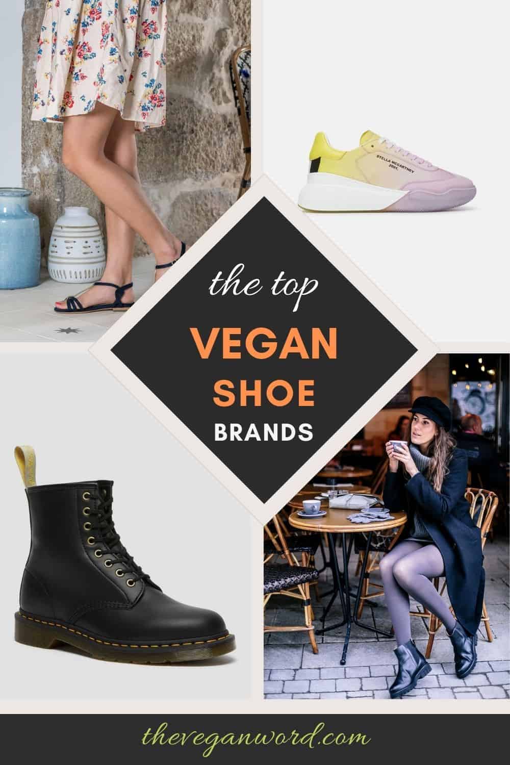 Pinterest image of different vegan shoes with text that reads "the top vegan shoe brands"