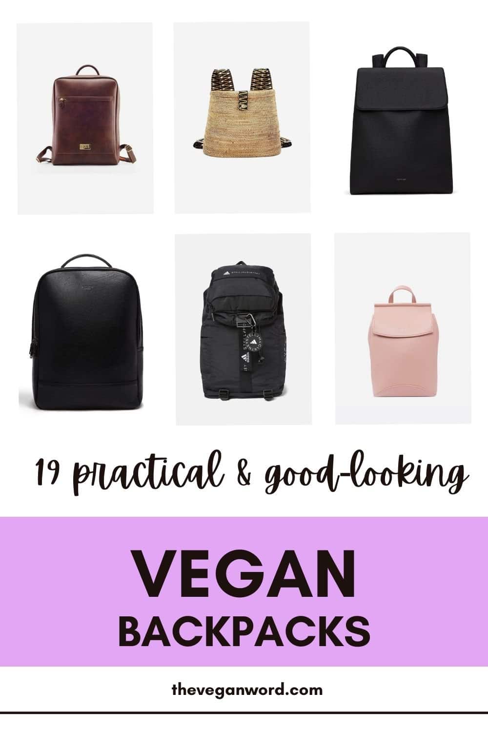 Pinterest image showing vegan backpacks and text that reads "19 practical & good-looking vegan backpacks"