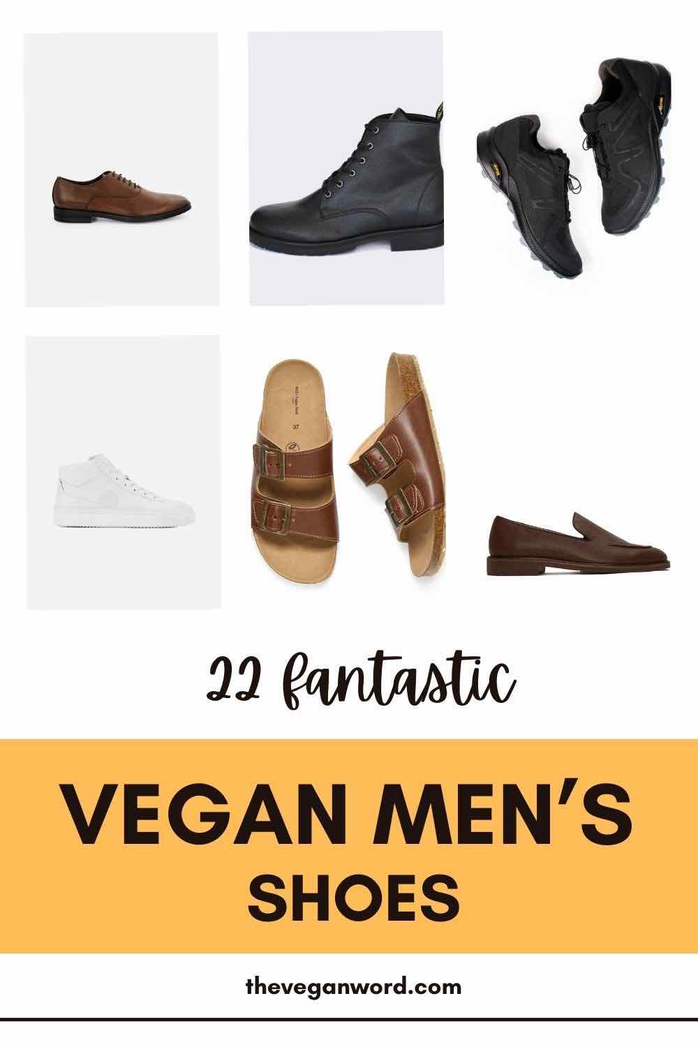 Pinterest image showing vegan men's shoes and text that reads "22 fantastic vegan men's shoes"