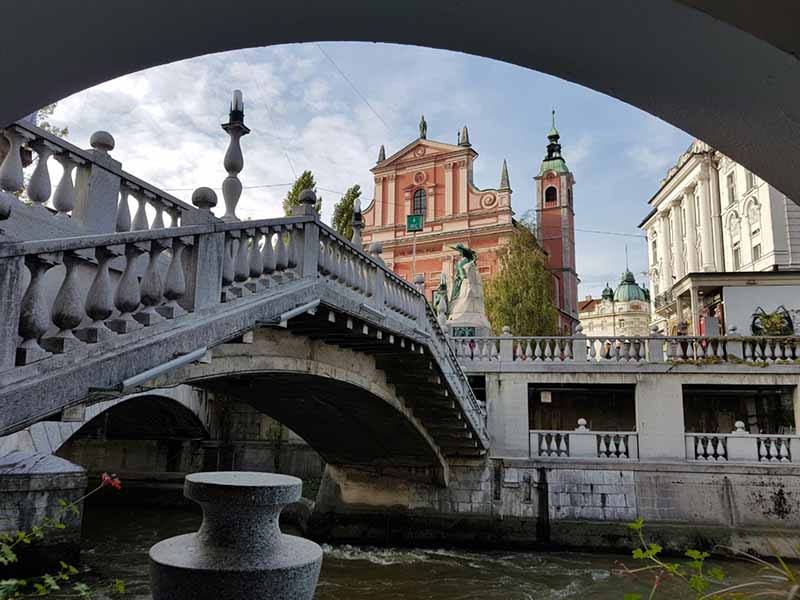 View of a bridge and building in Ljubljana, Slovenia