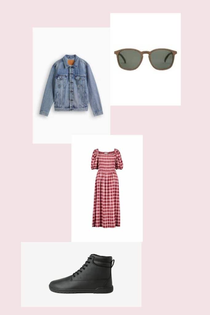 Outfit inspiration: sunglasses, denim jacket, pink gingham dress, black Feelgrounds Patrol boots
