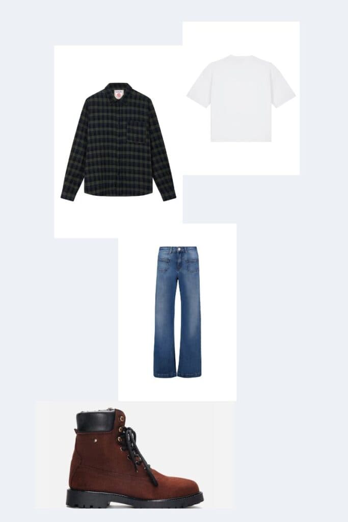 90s grunge style outfit inspiration - white tee, navy and black checked shirt, wide legged jeans, timberland style boots